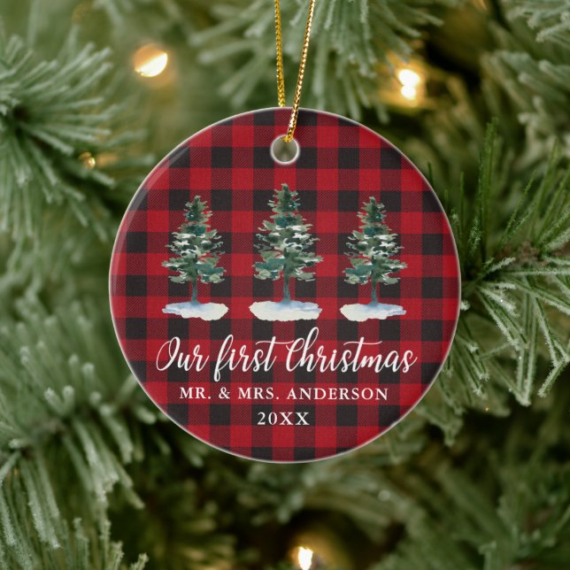 Erste Weihnachtskalligrafie Wasserfarbenkiefern Ka Keramik Ornament (Baum)
