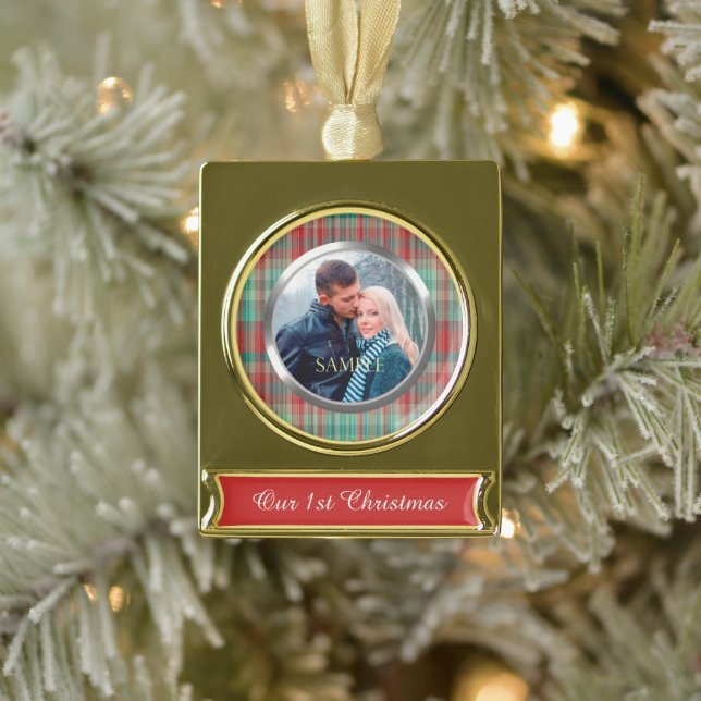 Erste WeihnachtsKariert Banner-Ornament Gold (Baum)
