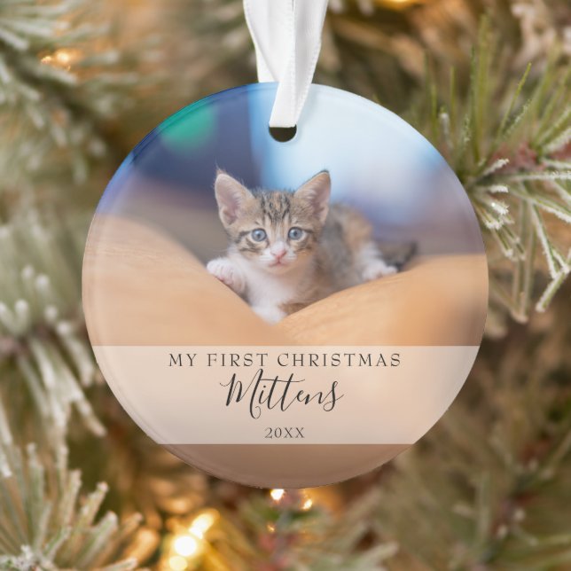 Erste Weihnachtskatze Hund Foto Modernes Skript Ornament (Baum)