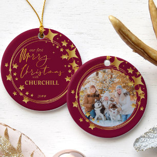Erste Weihnachtsmann Foto Rot und Gold Star Keramik Ornament