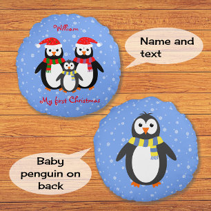 Erste Weihnachtspinguine in Ihrem Text zweiseitig Rundes Kissen