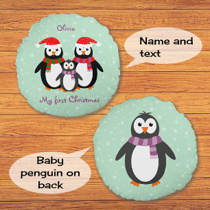 Erste Weihnachtspinguine, kundenspezifischer Text Rundes Kissen