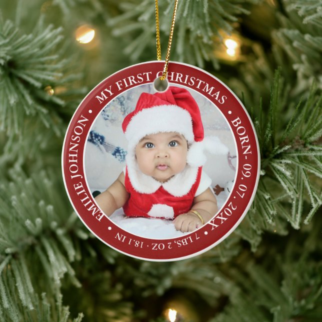 Erste Weihnachtsschrift Baby Birth Stats & Foto Keramik Ornament (Baum)