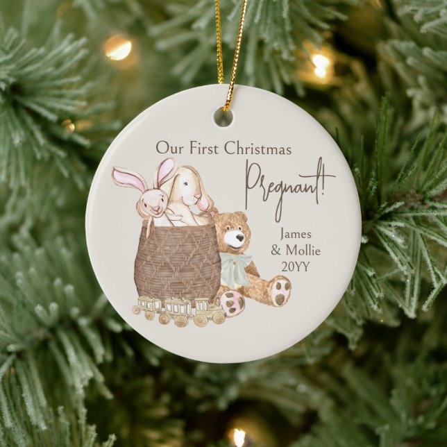 Erste Weihnachtsschwangere Teddy Bär Custom Foto Keramik Ornament (Baum)