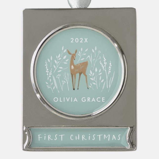 Erste Weihnachtsschwärme natürliche Rentiere delik Banner-Ornament Silber (Vorderseite)