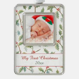 Erste Weihnachtsstechpalme und Gewohnheits-Foto Rahmen-Ornament Silber