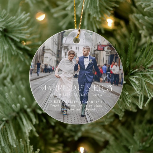 Erste WeihnachtsVerheiratet | Sentimental Foto Keramik Ornament (Baum)