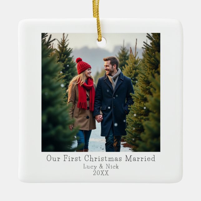 Erste WeihnachtsVerheiratet | Verlobtes Foto Keramikornament (Vorderseite)
