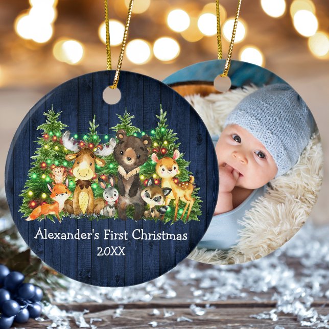 Erste Weihnachtswaldtiere leuchten blaues FOTO Keramik Ornament (Customize with name, year and photo on back.)
