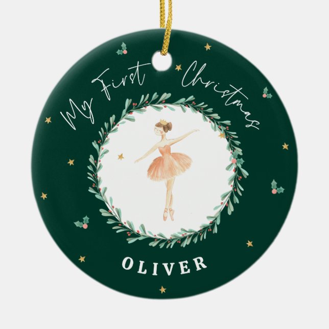Erste Weihnachtswasserfarbe ballerina grün Keramik Ornament (Vorne)