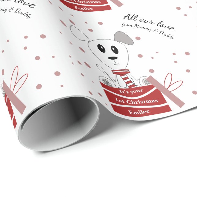 Erste WeihnachtsWelpe auf Geschenke (rot) Geschenkpapier (Rolleneckpunkt)