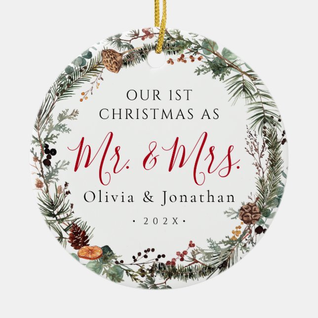Erste Weihnachtszeit Mr. & Mrs. Greenery Wreath Fo Keramik Ornament (Vorne)