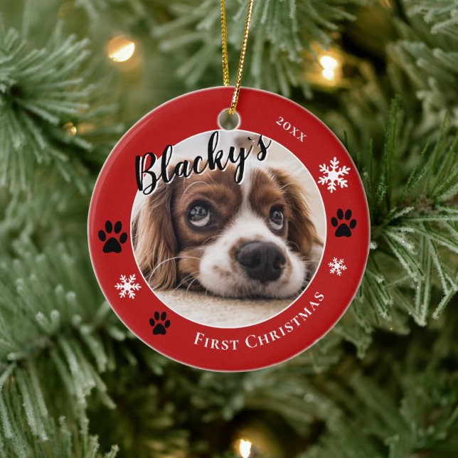 Erste Welpen Weihnachten Rustikaler Hundename Foto Keramik Ornament (Baum)