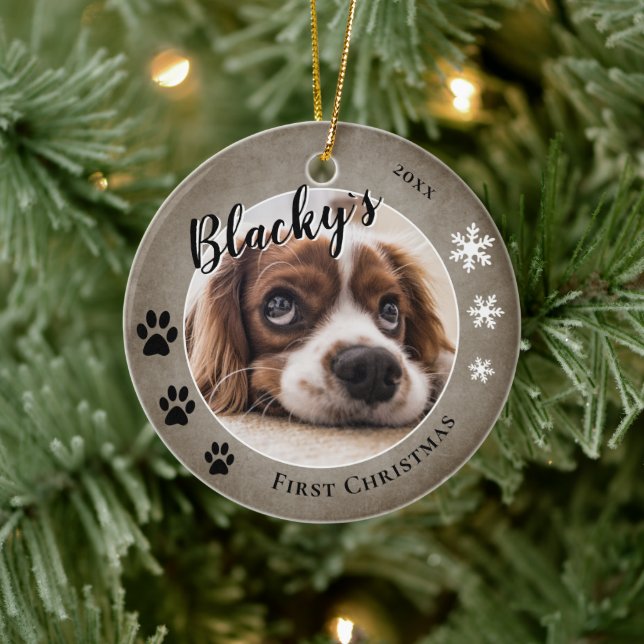 Erste Welpen Weihnachten Rustikaler Hundename Foto Keramik Ornament (Baum)