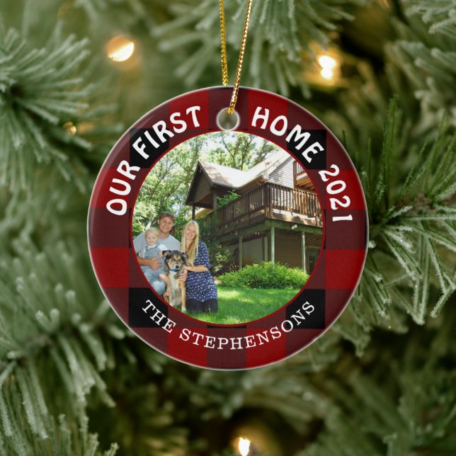 Erste Zuhause Rustikales Rot Kariert 2 Foto Keramik Ornament (Baum)