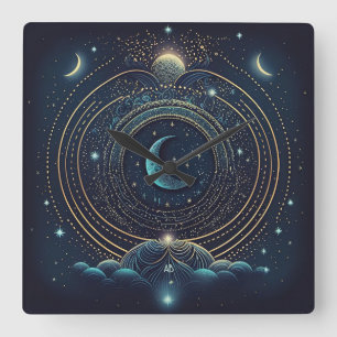 Erstelle deine eigene blaue und goldene himmlische quadratische wanduhr