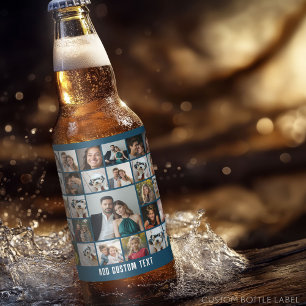 Erstelle eine funkige Fotocollage mit 27 Fotos Bierflaschenetikett