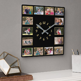 Erstellen Sie 14 Foto Collage Gold Black Family Ke Quadratische Wanduhr