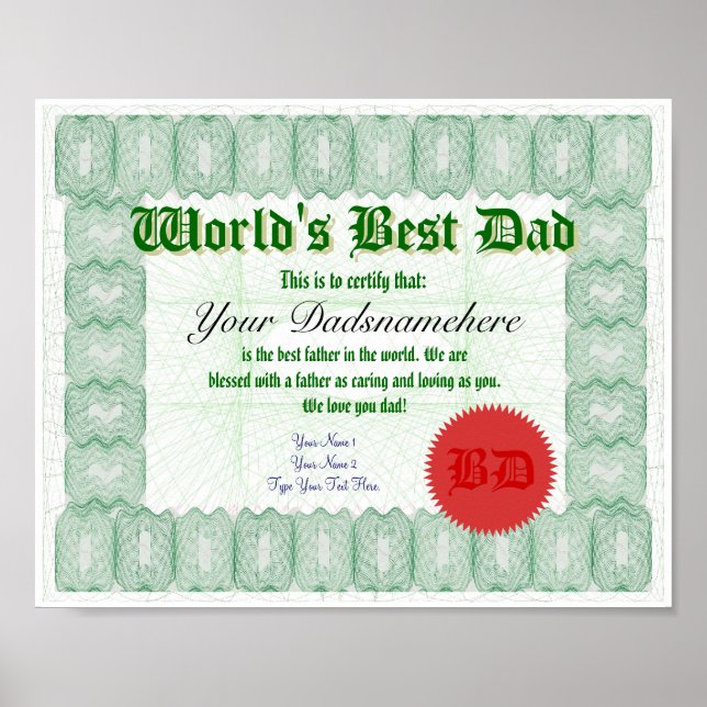 Erstellen Sie das beste Vater-Zertifikat der Welt Poster (Vorne)