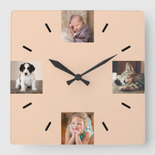 Erstellen Sie Ihr eigenes 4 Foto Modernes Peach Quadratische Wanduhr