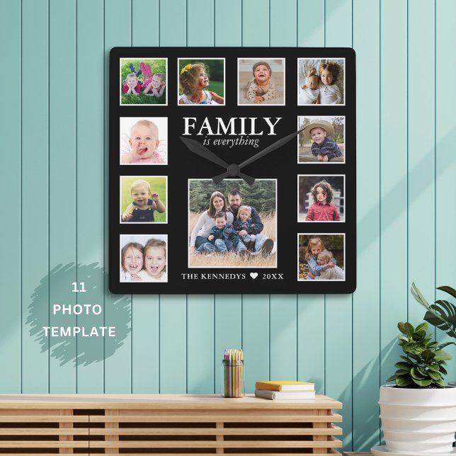 Erstellen Sie Ihr eigenes Angebot für den Familien Quadratische Wanduhr (Create Your Own Family Name Quote 11 Photo Collage Square Wall Clock
)