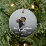 Erstellen Sie Ihr eigenes First Christmas Together Keramik Ornament<br><div class="desc">Schaffen Sie sich Ihr eigenes First Christmas Together Foto. Sehr schöner Weihnachtskuchen. Fügen Sie Ihre eigenen Fotos hinzu,  fügen Sie Ihren Text und Namen hinzu. Ich habe einen größeren Buchstaben-Schriftart hinzugefügt,  sodass die Buchstaben der Namen und des Jahres größer sind als in dem Ornament,  das ich vorhin entworfen habe.</div>