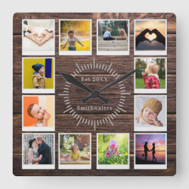 Erstellen Sie Ihr eigenes Foto Collage Rustic Holz Quadratische Wanduhr