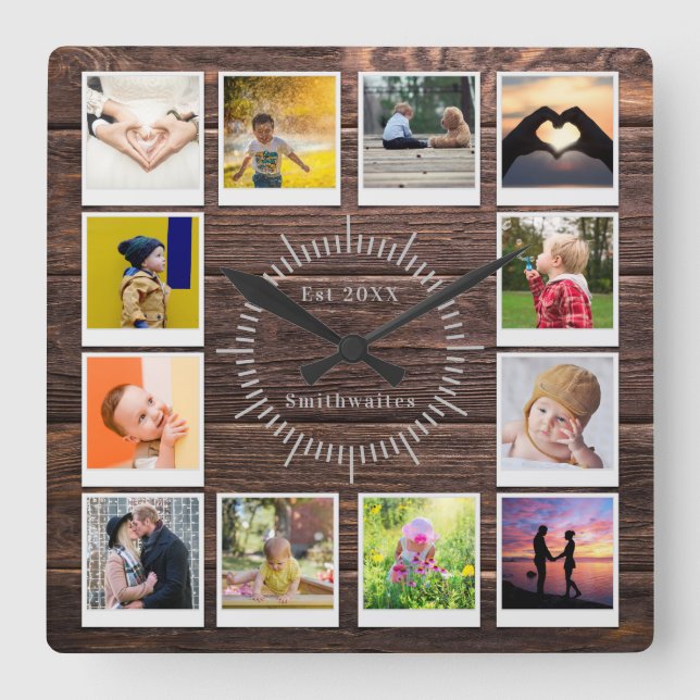 Erstellen Sie Ihr eigenes Foto Collage Rustic Holz Quadratische Wanduhr (Vorderseite)