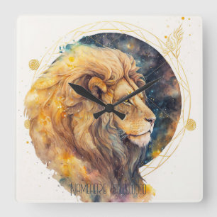 Erstellen Sie Ihr eigenes Gold & Blue Leo Zodiac Quadratische Wanduhr