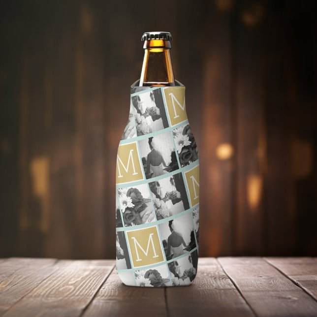 Erstellen Sie Ihr eigenes Hochzeitfoto Collage Mon Flaschenkühler (Personalized Bottle Cooler - Add Name or Custom Text for this Wedding or Anniversary Favor - Black)