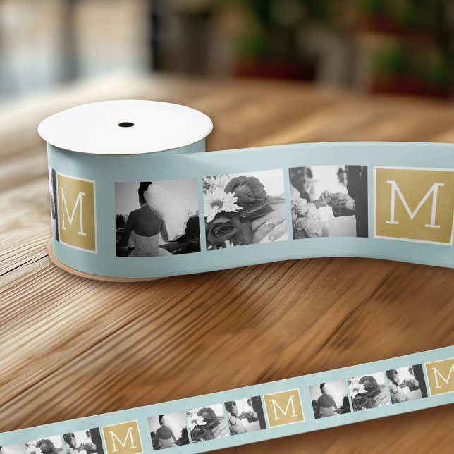 Erstellen Sie Ihr eigenes Hochzeitfoto Collage Mon Satinband (Custom Wedding and Anniversary Ribbon - Add 3 Photos and a Monogram)
