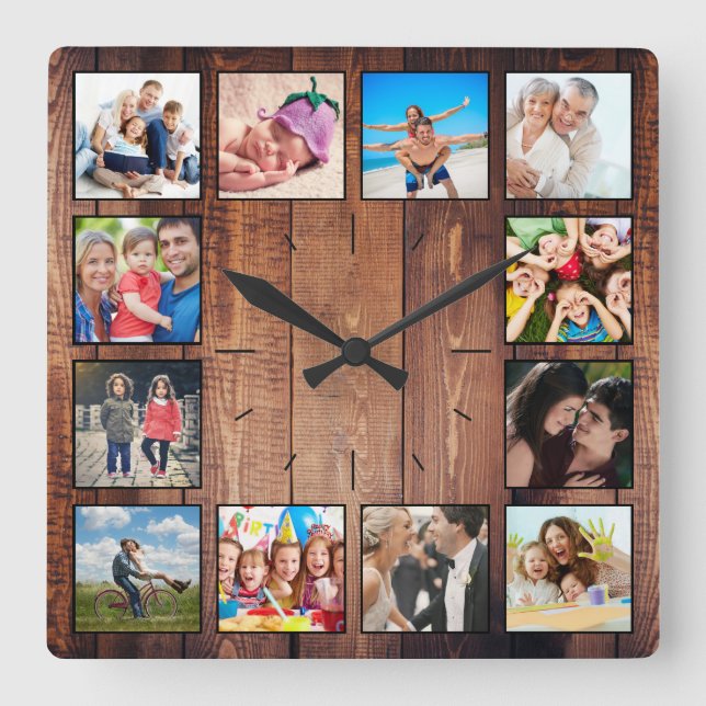 Erstellen Sie Ihr individuelles Foto Collage Rusti Quadratische Wanduhr (Vorderseite)
