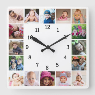 Erstellen Sie Ihre eigene 16-Familien-Foto-Collage Quadratische Wanduhr