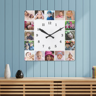 Erstellen Sie Ihre eigene 16 FotoCollage Schwarz/W Quadratische Wanduhr