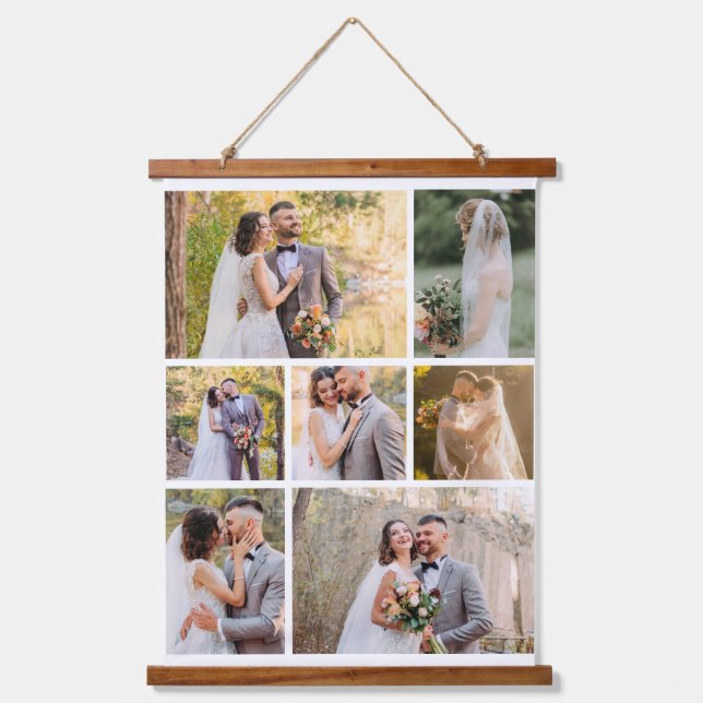Erstellen Sie Ihre eigene 7-Foto-Hochzeitskollekti Wandteppich Mit Holzrahmen (Vorderseite)