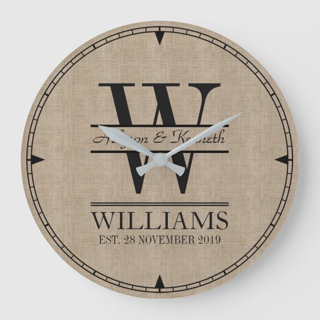 Erstellen Sie Ihre eigene Burlap-Logo-Jubiläumsmon Große Wanduhr (Vorderseite)