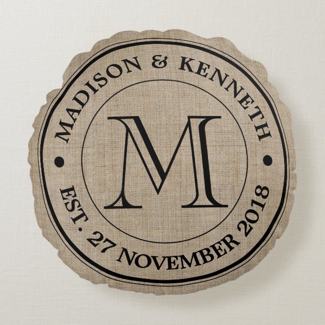 Erstellen Sie Ihre eigene Burlap Retro Logo Monogr Rundes Kissen (Vorderseite)