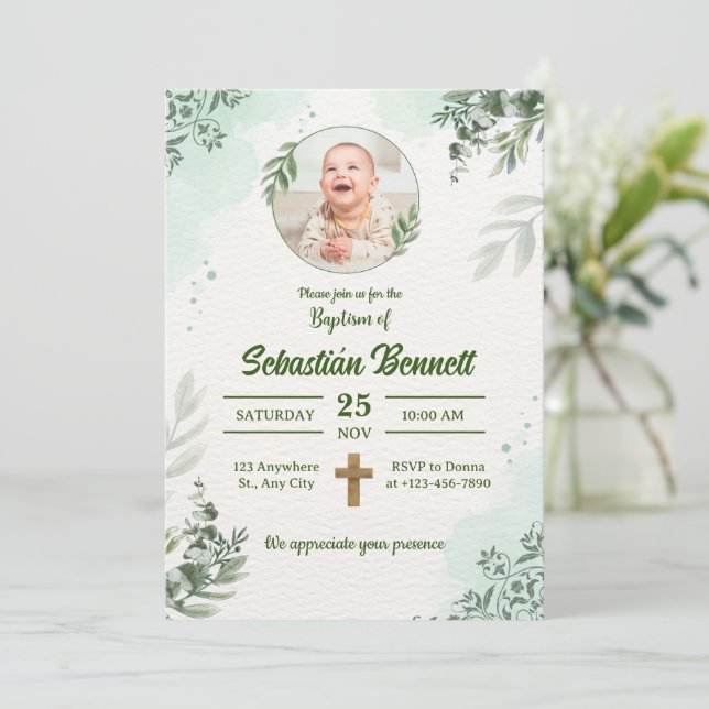 Erstellen Sie Ihre eigene Custom Foto Boy Baptisse Einladung (Stehend Vorderseite)