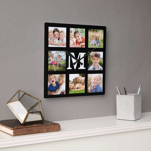 Erstellen Sie Ihre eigene Familie 8 Foto Collage B Quadratische Wanduhr (Büro)