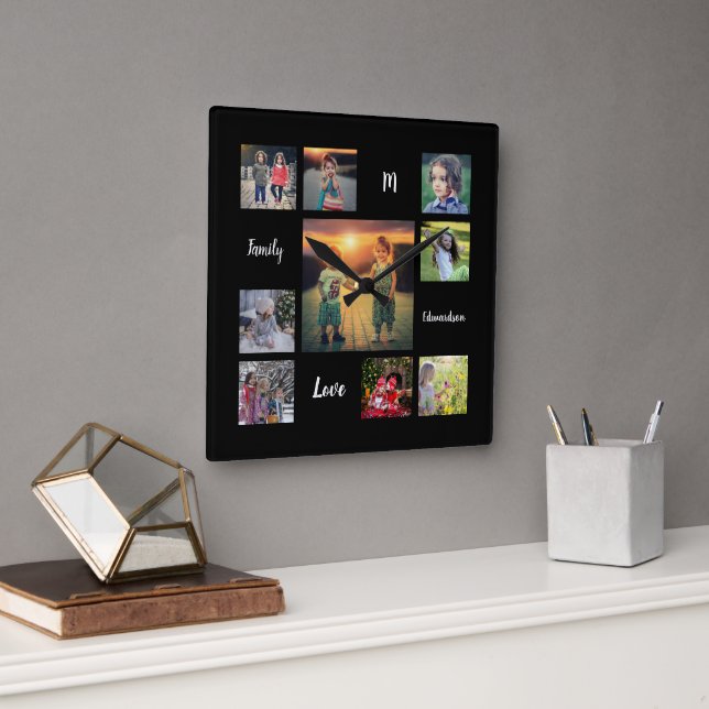 Erstellen Sie Ihre eigene Foto-Collage einzigartig Quadratische Wanduhr (Büro)