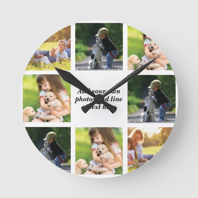 Erstellen Sie Ihre eigene Foto-Collage und -Text Runde Wanduhr (Vorderseite)