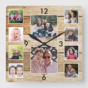 Erstellen Sie Ihre eigene Fotocollage aus Naturhol Quadratische Wanduhr