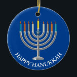 Erstellen Sie Ihre eigene Hanukka Menorah Keramik Ornament<br><div class="desc">Erstellen Sie Ihre eigene Hanukka Menorah Keramik Ornament. Menorah mit neun Kerzen und der Star von David auf einem blauen Festival der Lichter Hintergrund auf der Front und Rückseite des Ornaments. Herzlichen Glückwunsch für den Urlaub und Name der Familie auf der Rückseite. Legen Sie Ihren eigenen Text, wie gewünscht. Wählen...</div>