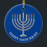 Erstellen Sie Ihre eigene Hanukka Menorah Keramik Ornament<br><div class="desc">Erstellen Sie Ihre eigene Hanukka Menorah Keramik Ornament. Menorah mit neun Kerzen und der Star von David auf einem blauen Festival der Lichter Hintergrund auf der Front und Rückseite des Ornaments. Herzlichen Glückwunsch für den Urlaub und Name der Familie auf der Rückseite. Legen Sie Ihren eigenen Text, wie gewünscht. Wählen...</div>