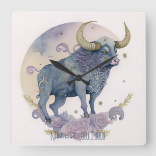 Erstellen Sie Ihre eigene Lila Wasserfarbe Taurus Quadratische Wanduhr
