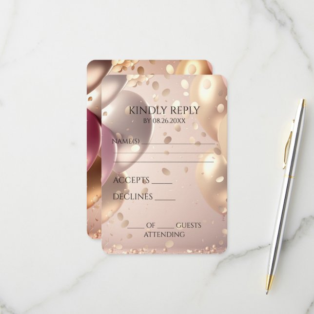 Erstellen Sie Ihre eigene Rose Gold Balloons RSVP Karte (Vorderseite/Rückseite Beispiel)