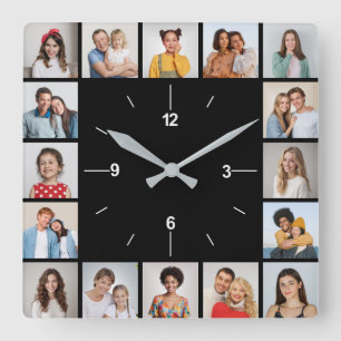 Erstellen Sie Ihre eigene Schwarz/Weiß 16 FotoColl Quadratische Wanduhr