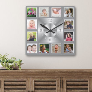 Erstellen Sie Ihre eigene silberne 12-Familienfoto Quadratische Wanduhr