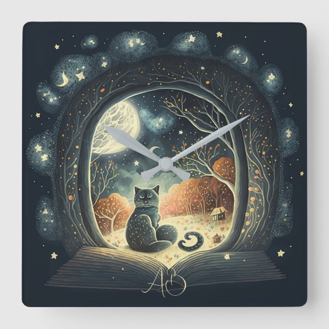 Erstellen Sie Ihre eigene Starry Mystical Black Ca Quadratische Wanduhr (Vorderseite)