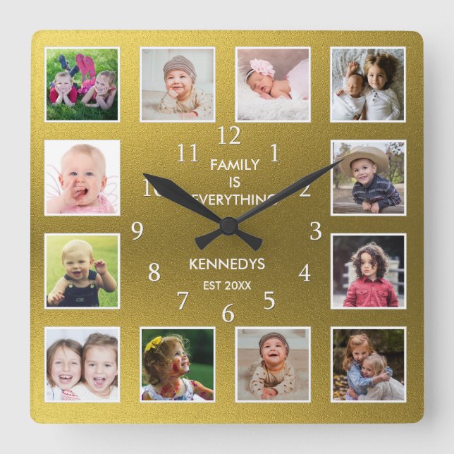 Erstellen Sie Ihre eigenen 12 Collage Frame Gold Quadratische Wanduhr (Vorderseite)